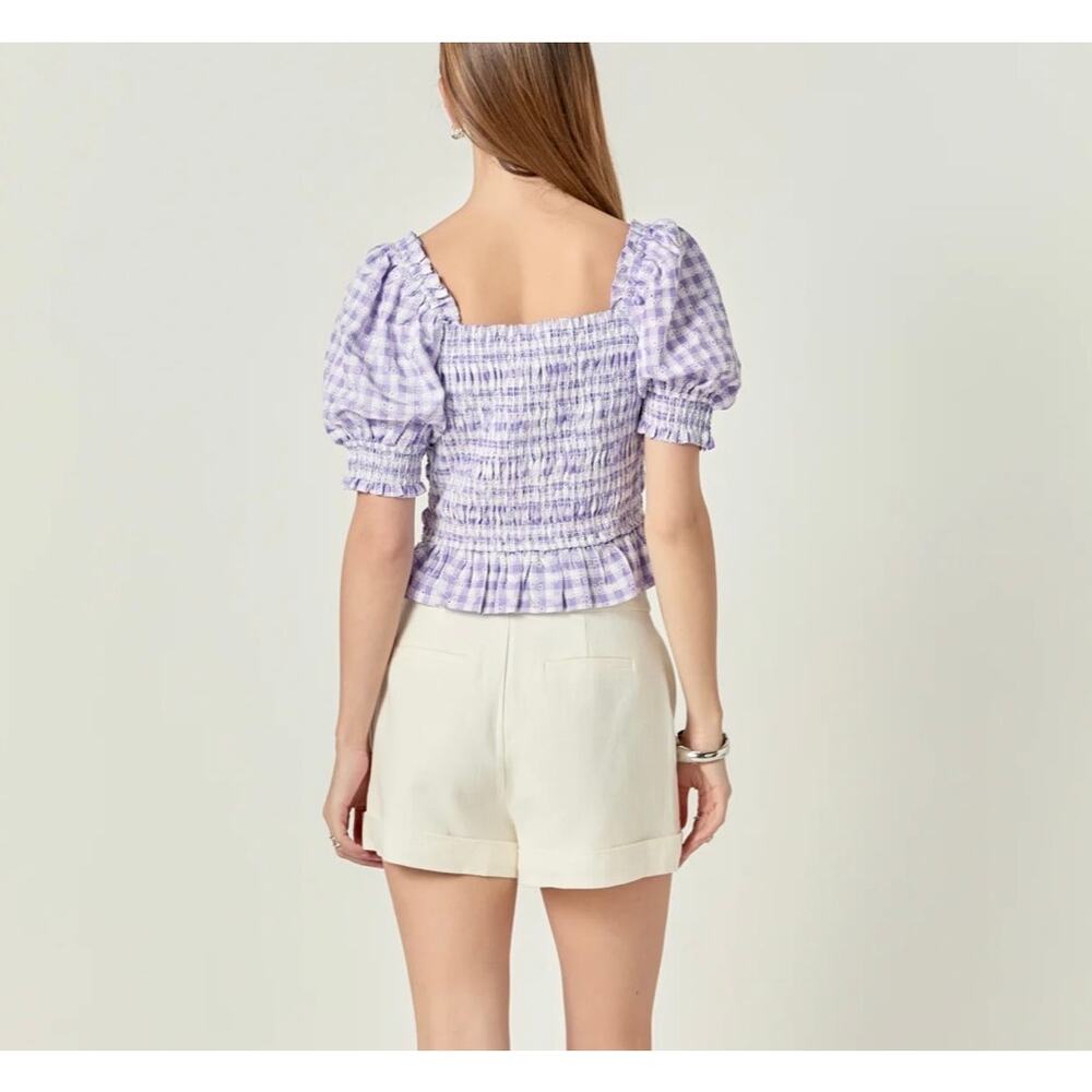 NWOT English Factory Smocked Gingham Puff Sleeve Blouse Square Neck Lavender XS - Picture 2 of 9